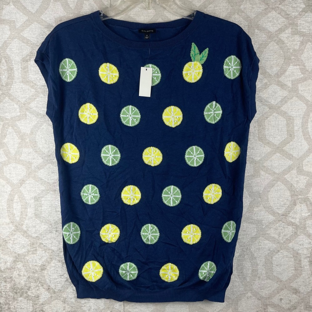 Talbots Lemon Lime Beaded Sweater Shell Women S Blue NWT Fruit Knit Cotton Blend